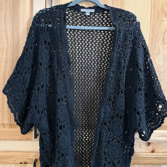 Jessica London Black Crochet Knit Open-Front Short Sleeve Cardigan Size 18/20 - Picture 2 of 11